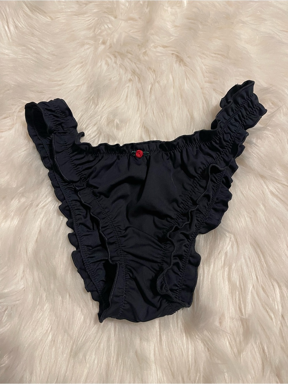 PINK x Frankie’s Bikinis Black Bikini Bottom with Red Rose Accent